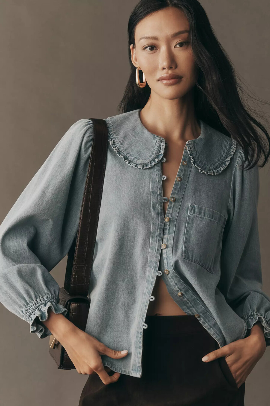 die keira bluse mit kragen und knopfleiste von pilcro langärmlige denim-edition