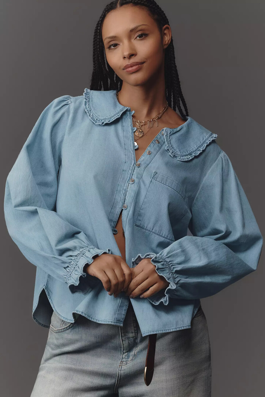 die keira bluse mit kragen und knopfleiste von pilcro langärmlige denim-edition
