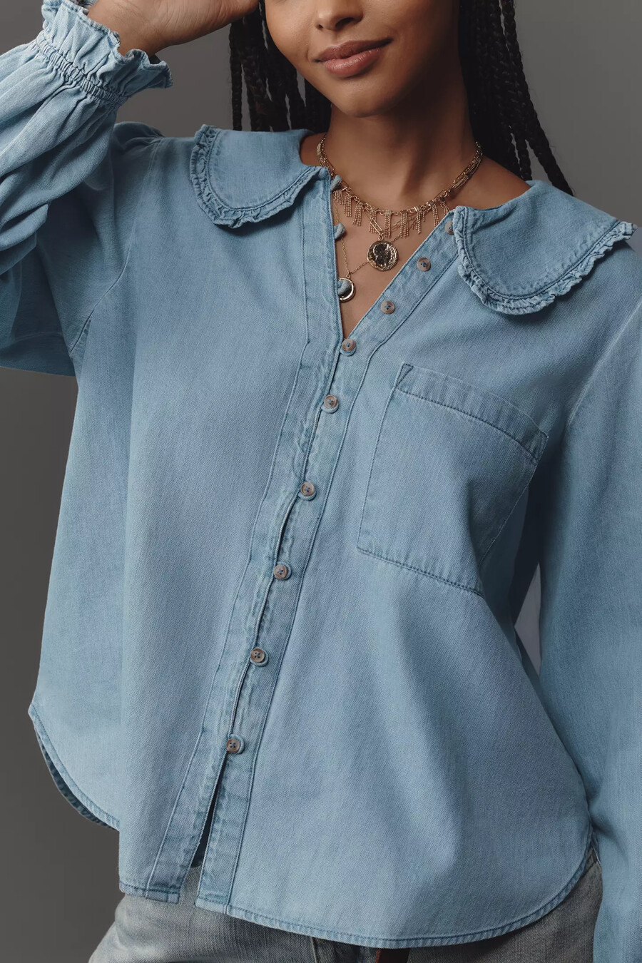 die keira bluse mit kragen und knopfleiste von pilcro langärmlige denim-edition