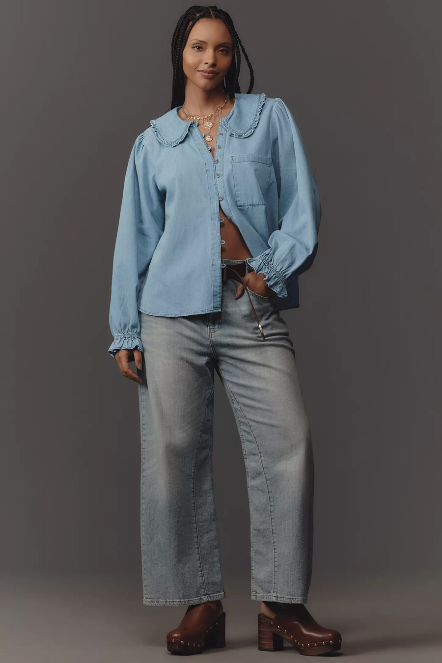 die keira bluse mit kragen und knopfleiste von pilcro langärmlige denim-edition