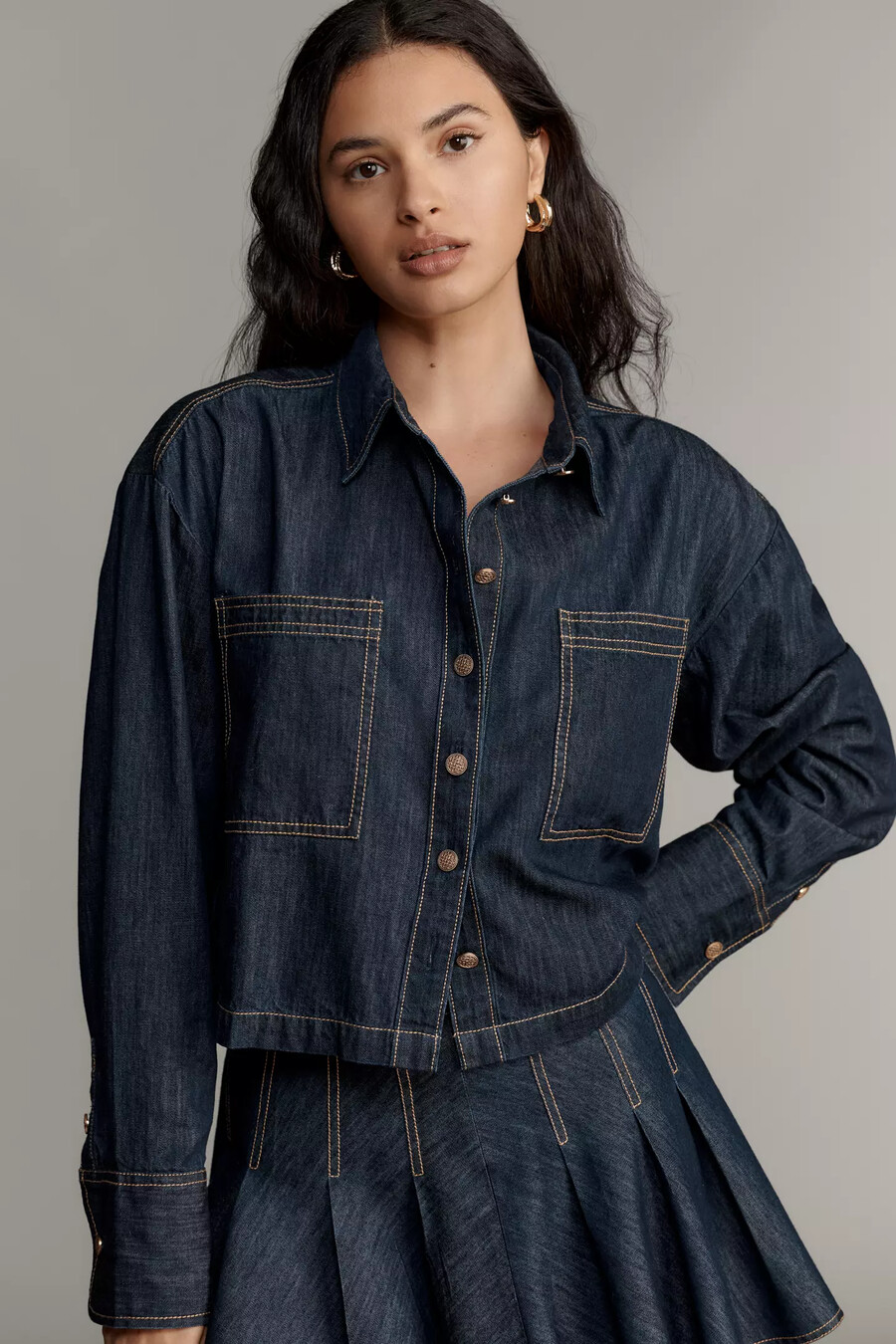 maeve langarm-crop-jeanshemd mit knopfleiste