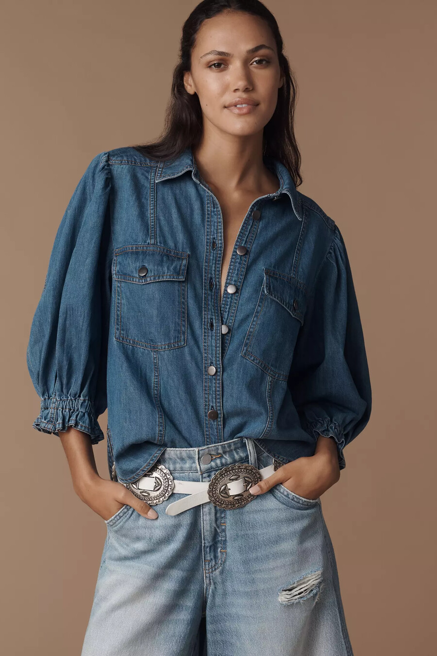 pilcro jeanshemd mit ballonärmeln und knopfleiste