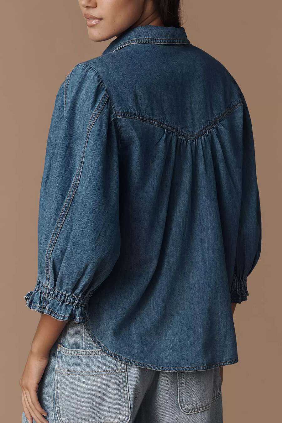 pilcro jeanshemd mit ballonärmeln und knopfleiste