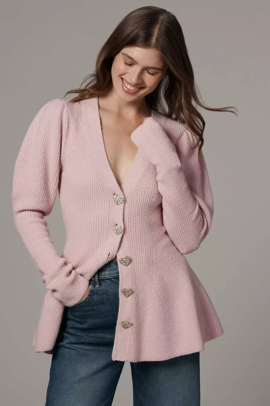 maeve strickjacke mit puffärmeln und herzknöpfen