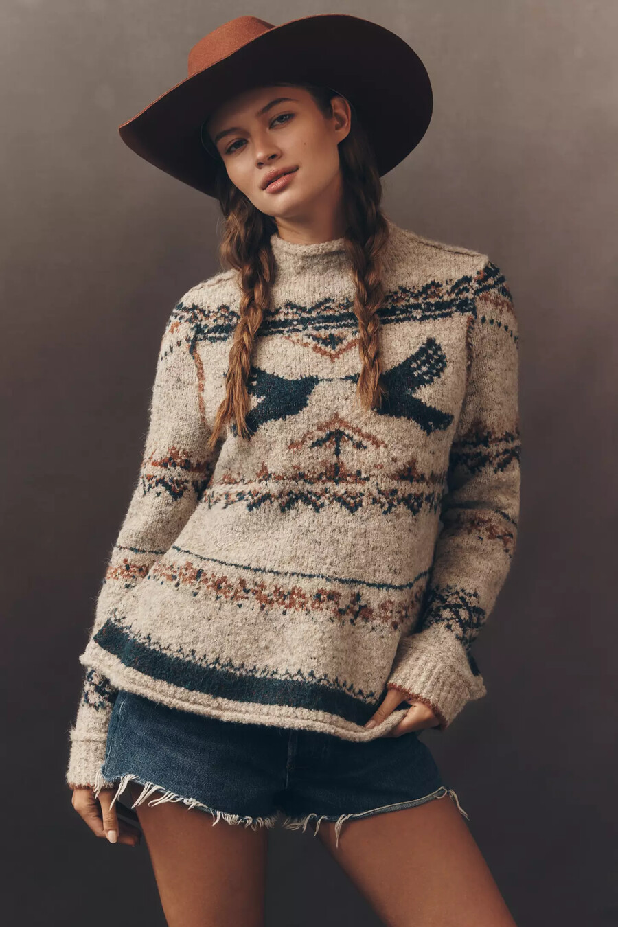pilcro langarm-pullover mit stehkragen und vogelmotiv