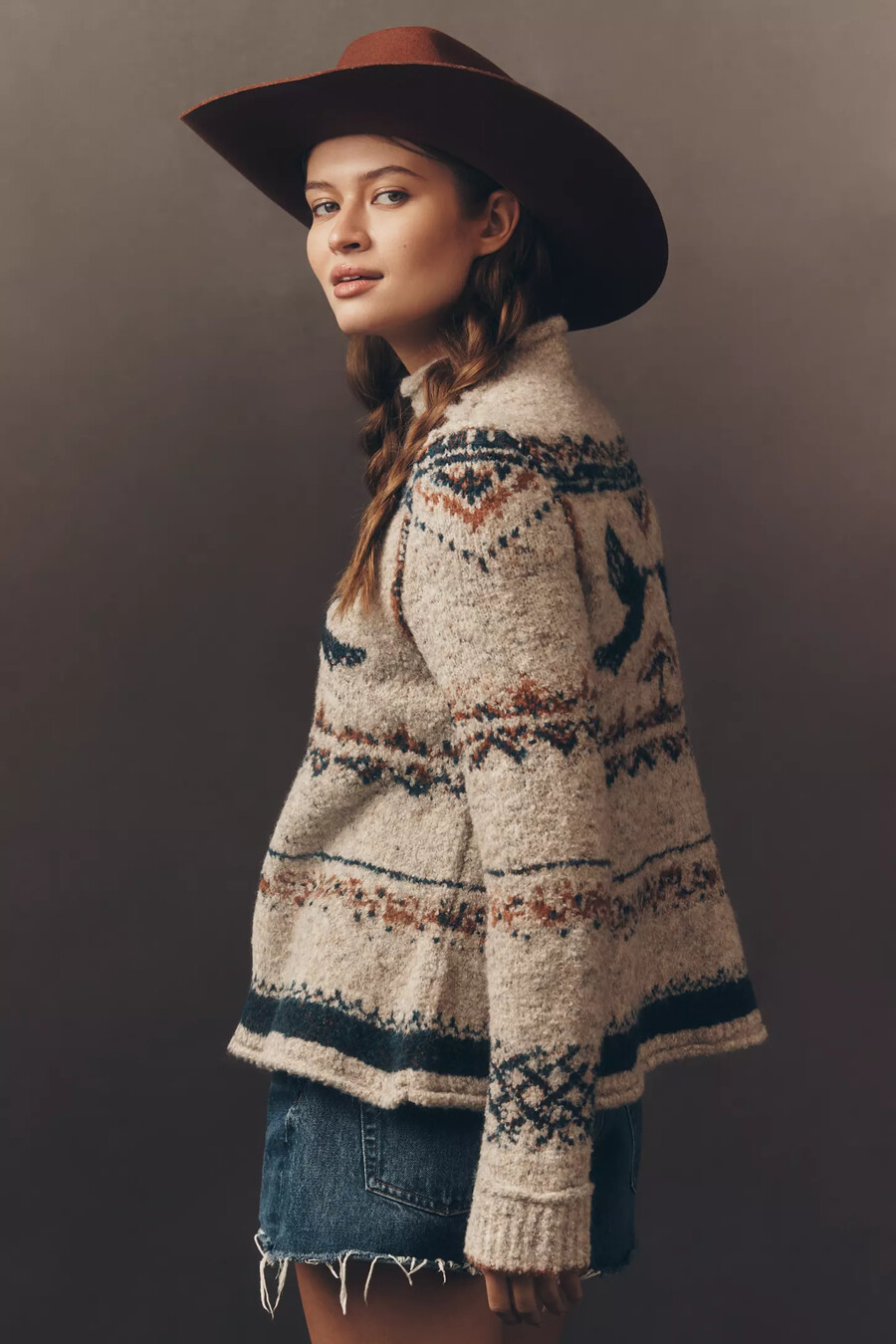 pilcro langarm-pullover mit stehkragen und vogelmotiv
