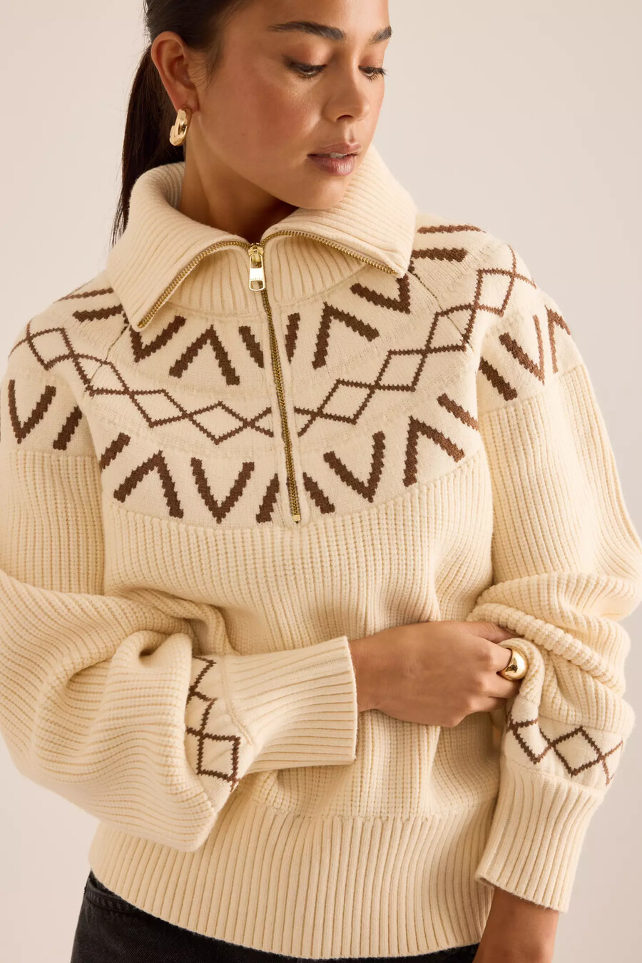 varley sigrid fairisle pullover mit halbem reißverschluss