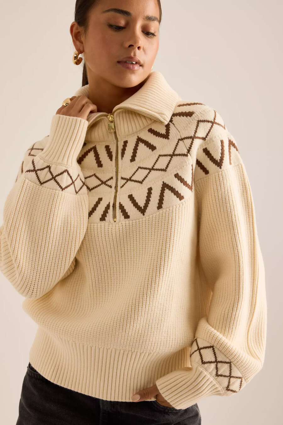 varley sigrid fairisle pullover mit halbem reißverschluss