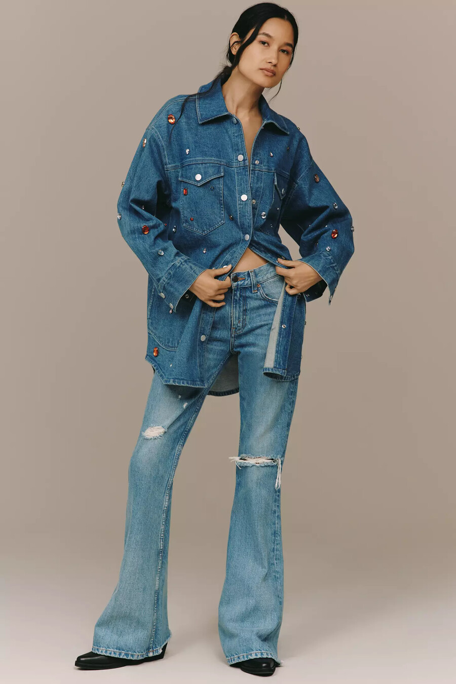 die tillie jewelled denim shacket von pilcro