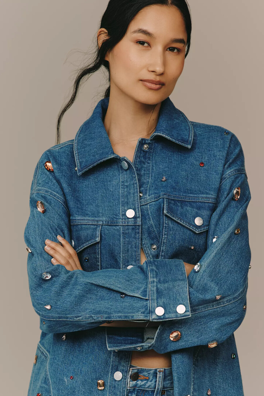 die tillie jewelled denim shacket von pilcro