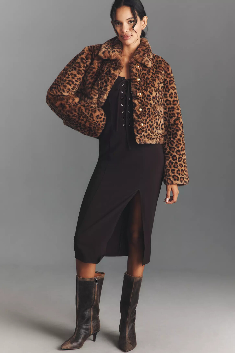 maeve crop-jacke mit leopardenmuster und kunstpelz