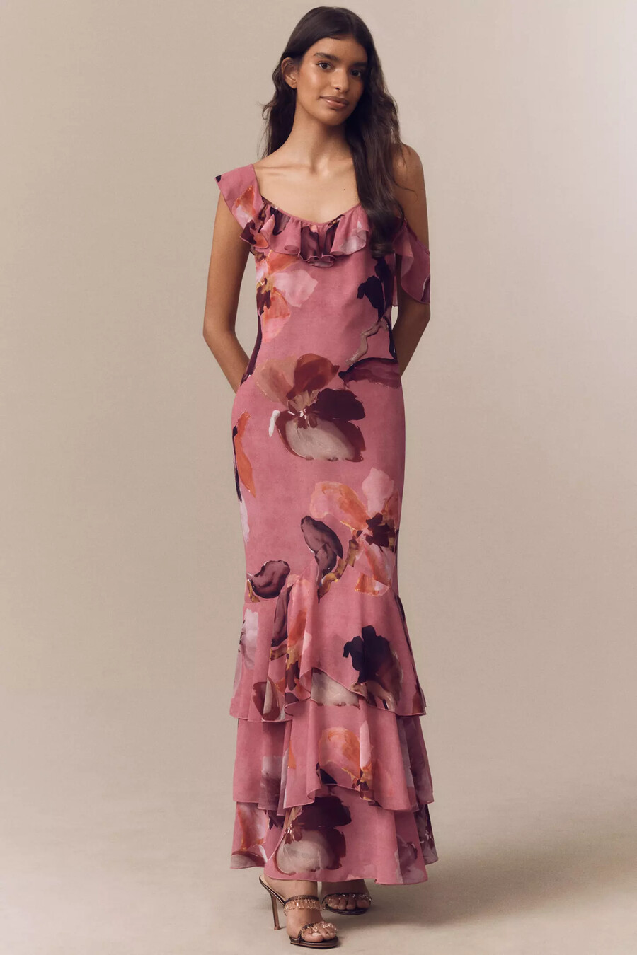 mare mare chiffon rüschen maxikleid mit rundhalsausschnitt