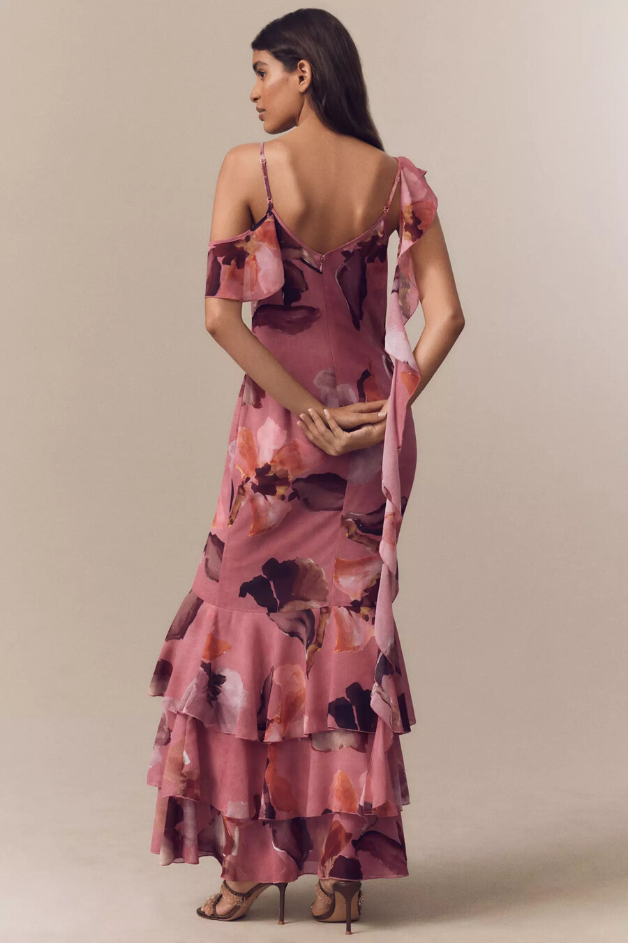 mare mare chiffon rüschen maxikleid mit rundhalsausschnitt