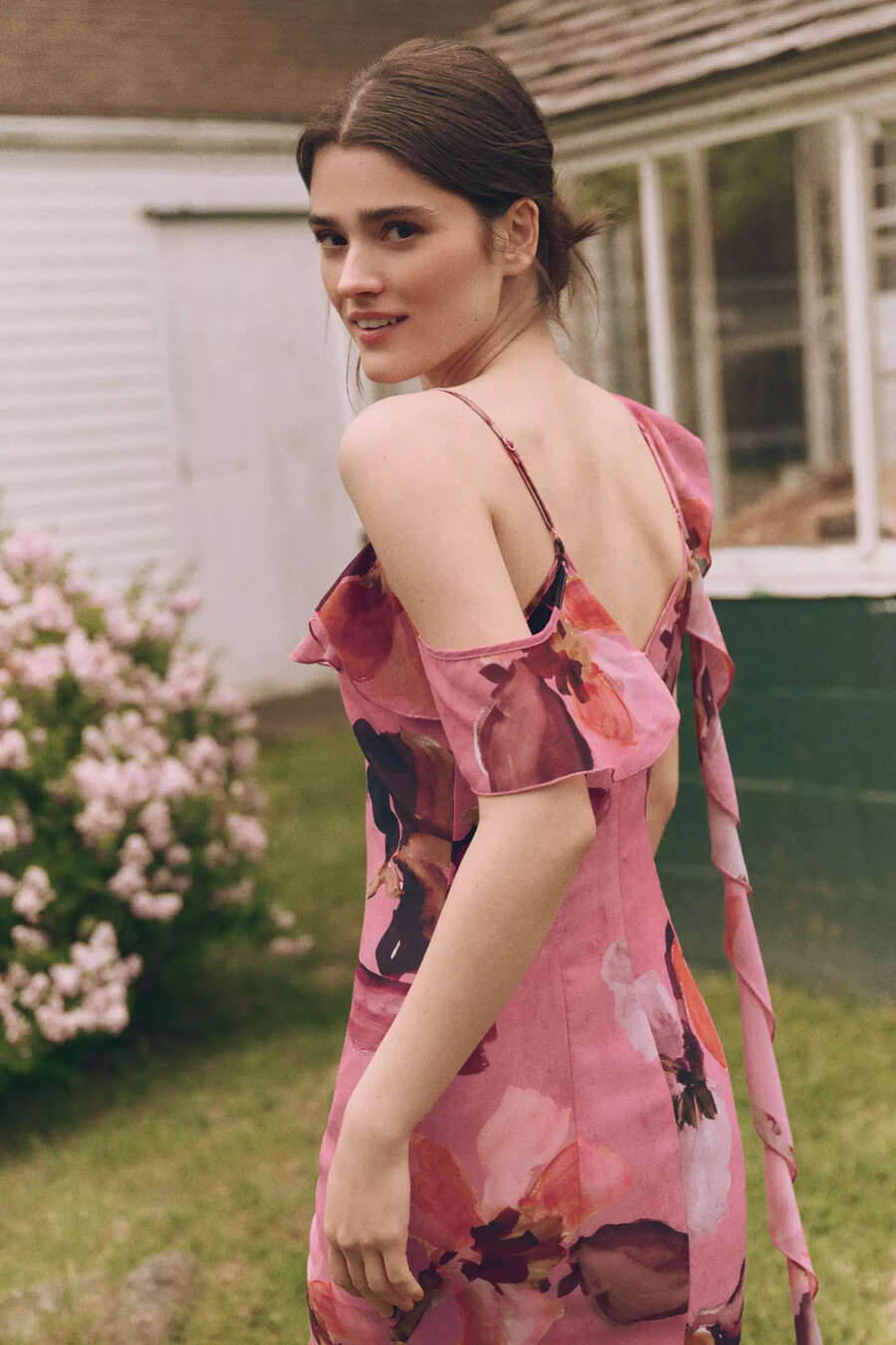 mare mare chiffon rüschen maxikleid mit rundhalsausschnitt