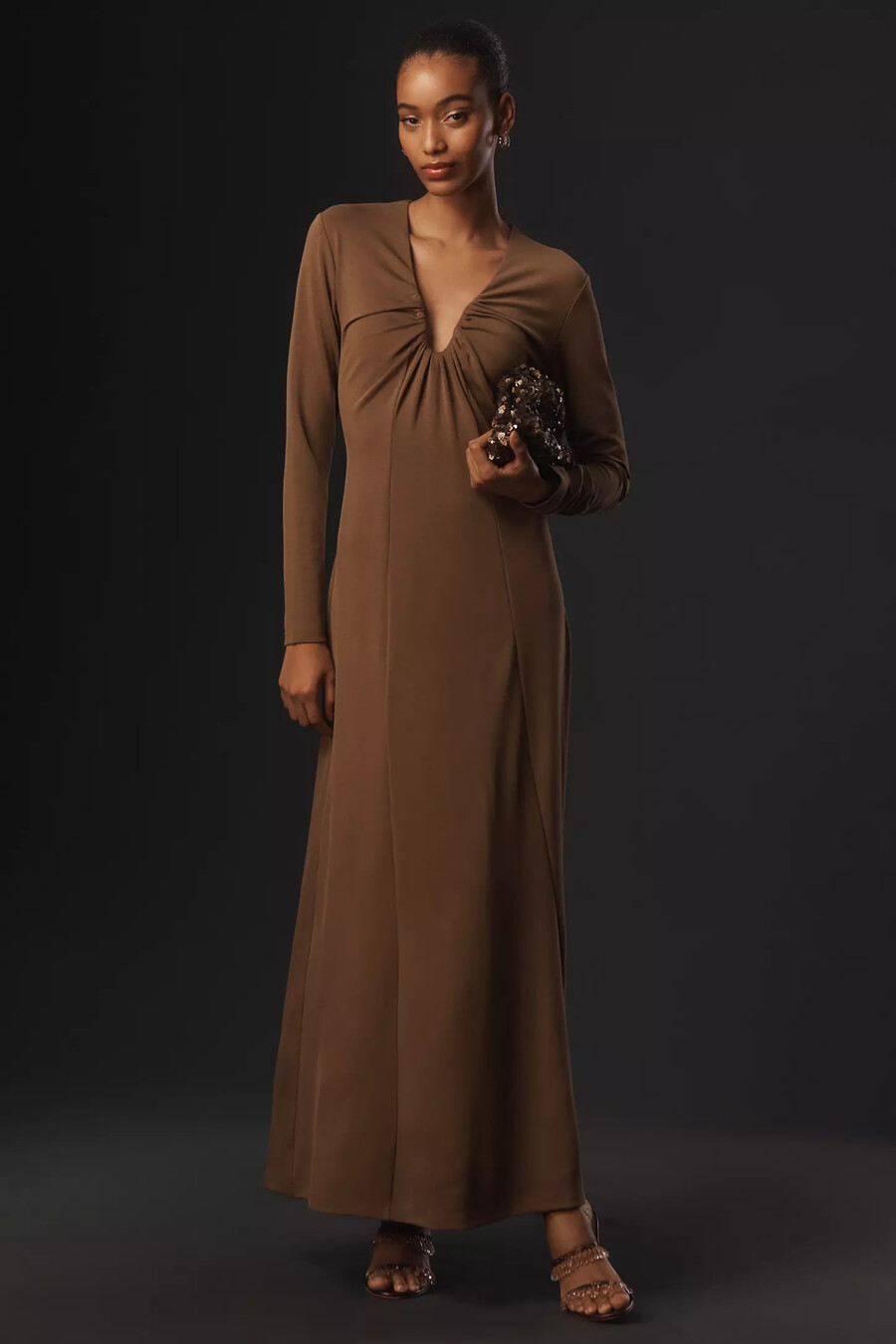dolan left coast langarm-maxikleid aus strick mit tiefem ausschnitt