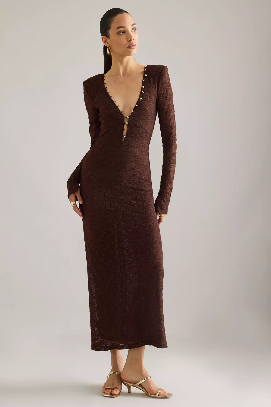 bardot zenia midikleid mit spitzenknopfleiste