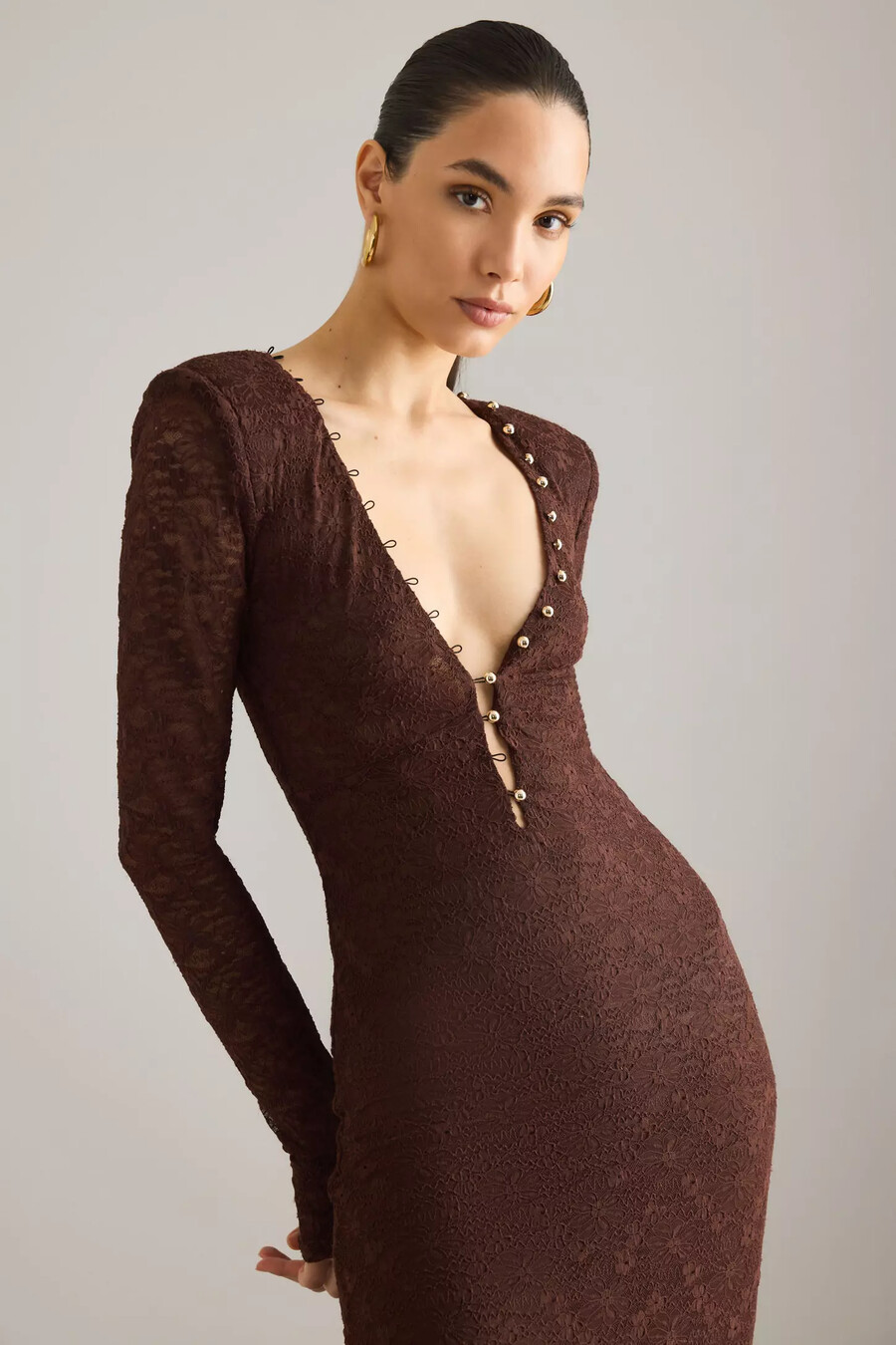 bardot zenia midikleid mit spitzenknopfleiste
