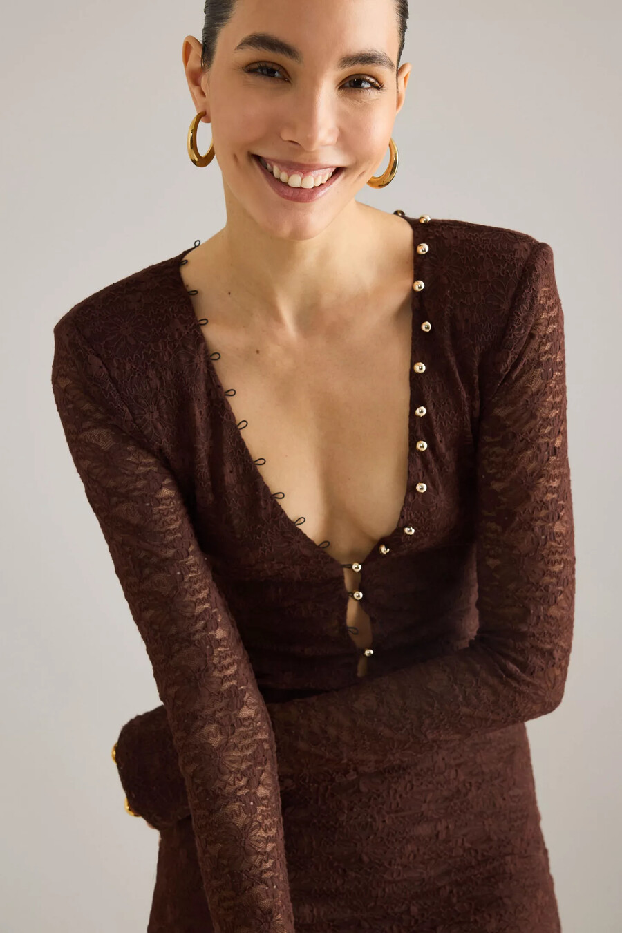 bardot zenia midikleid mit spitzenknopfleiste