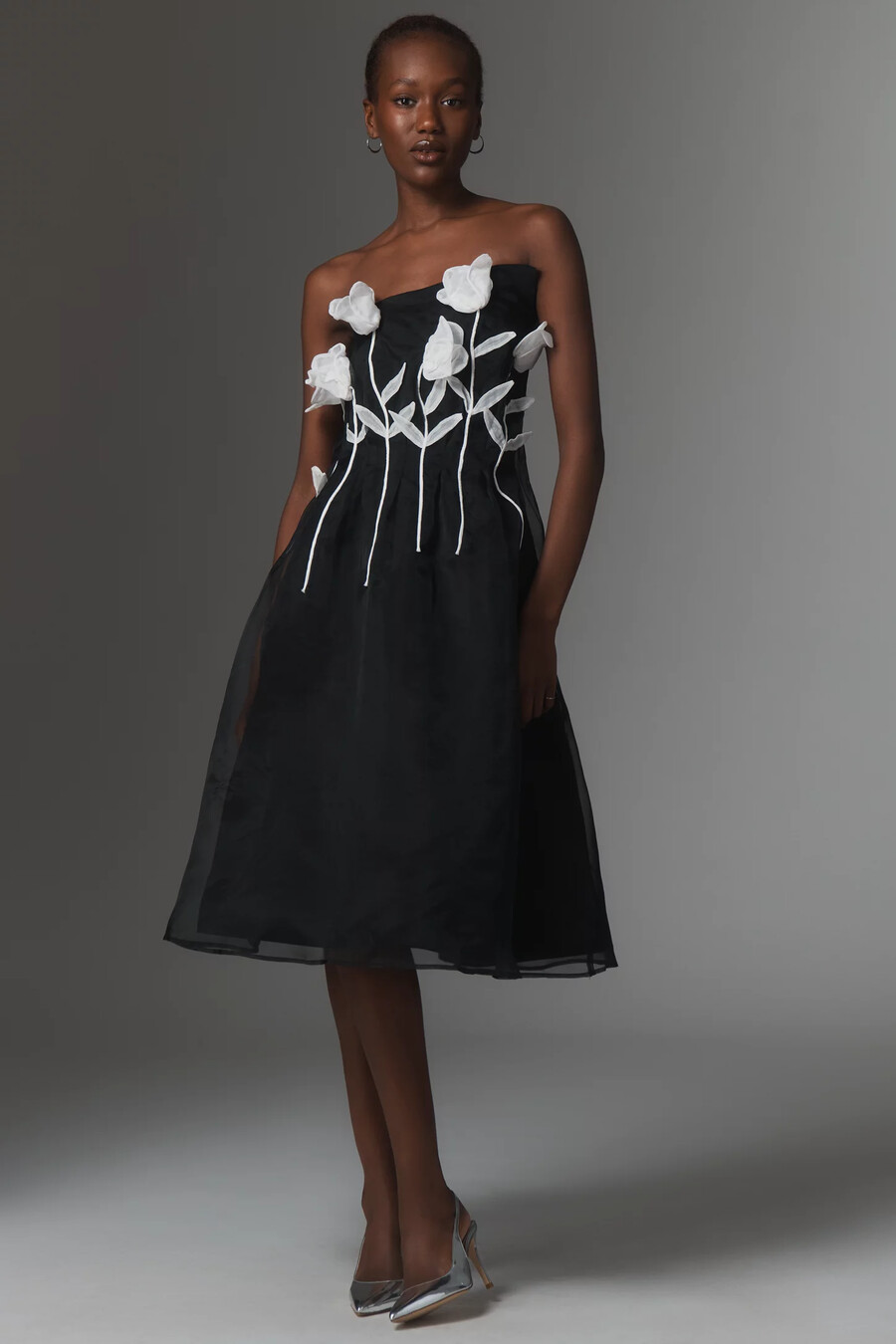 maeve 3d floral strapless midi dress