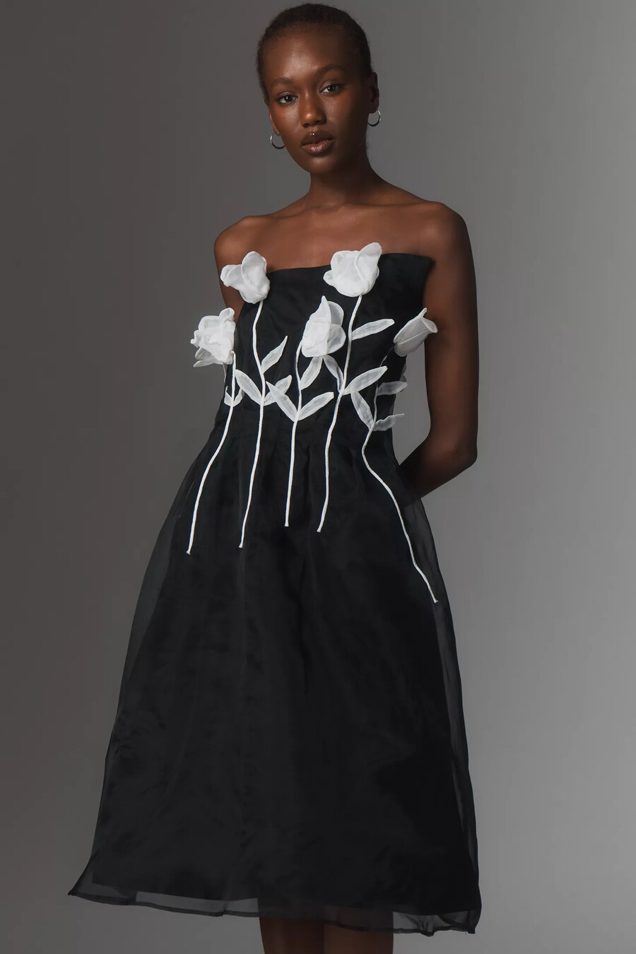 maeve 3d floral strapless midi dress