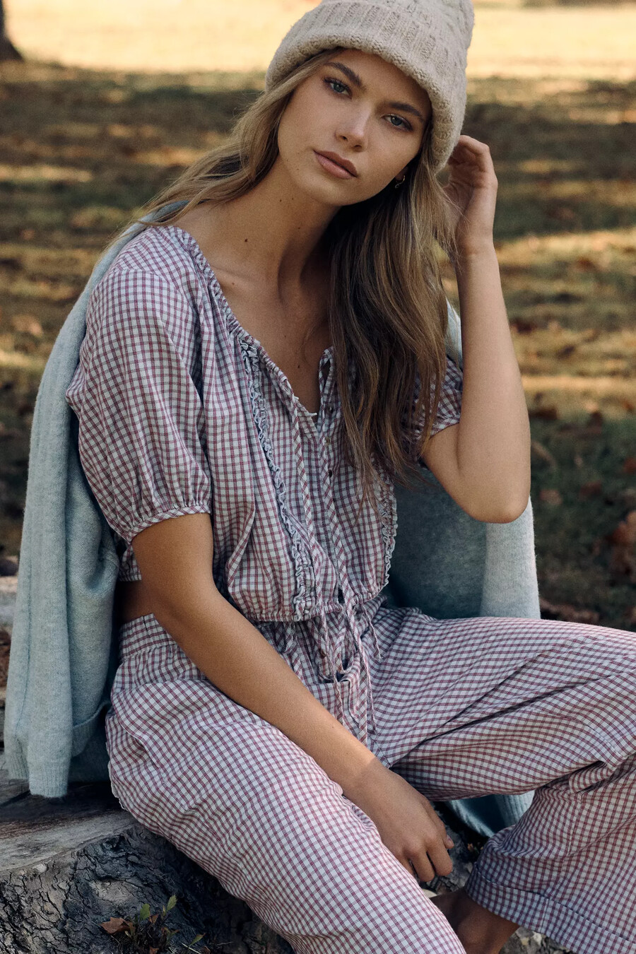 lyrebird kurzarm-flanell-crop-top mit knopfleiste