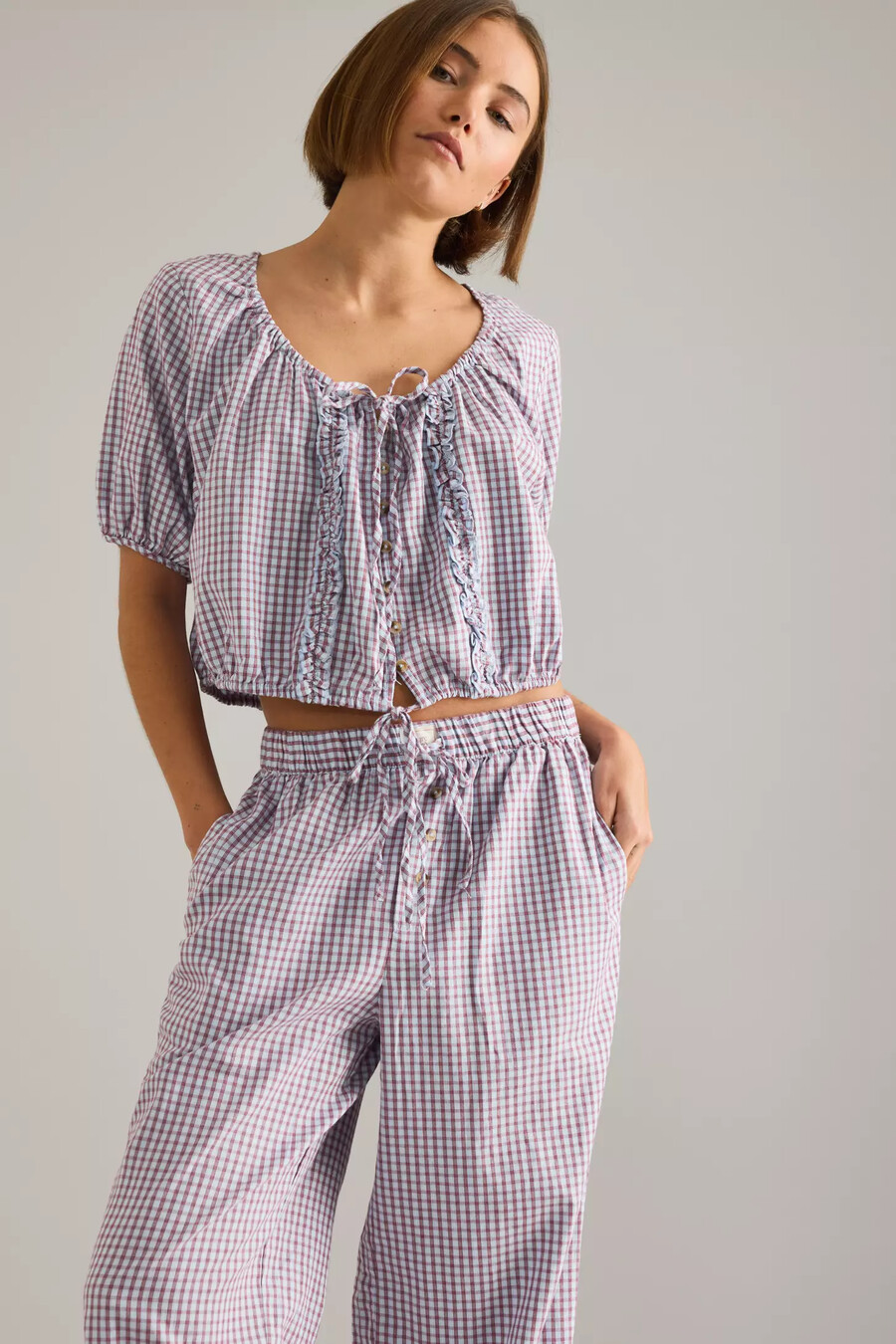 lyrebird kurzarm-flanell-crop-top mit knopfleiste