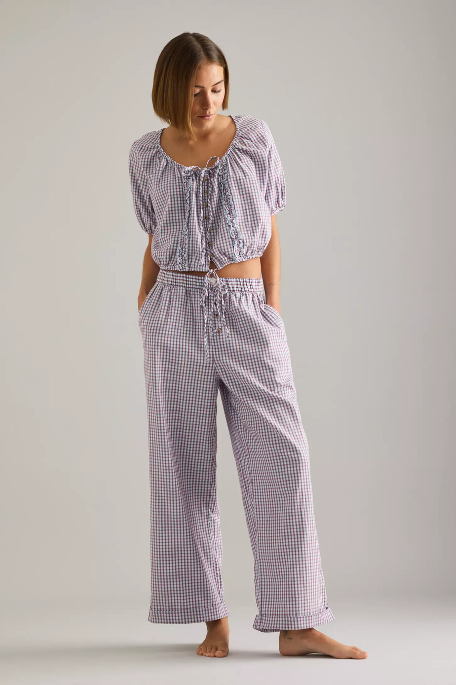 lyrebird kurzarm-flanell-crop-top mit knopfleiste