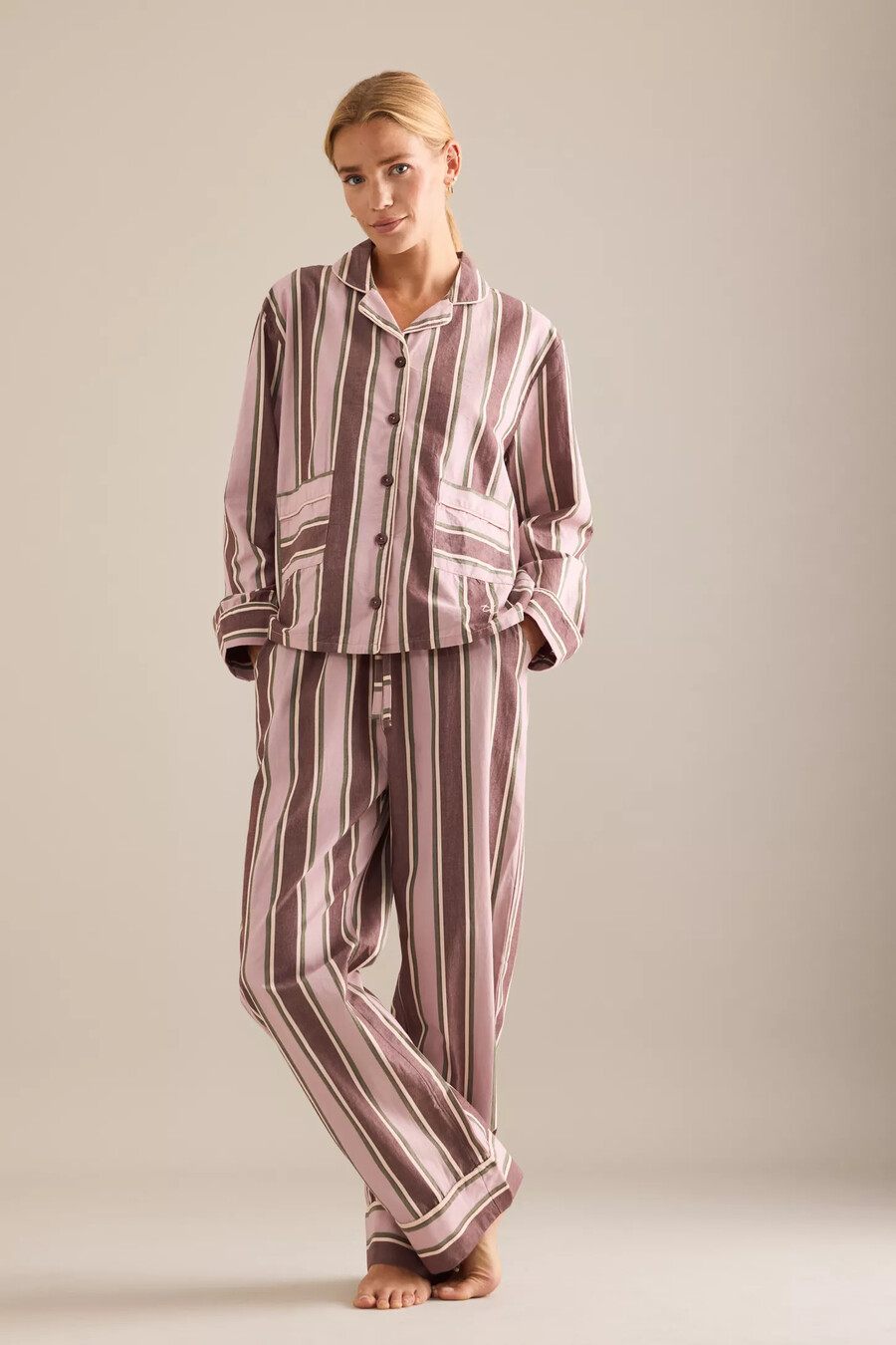 tbco langer rosa gestreifter baumwollpyjama-set