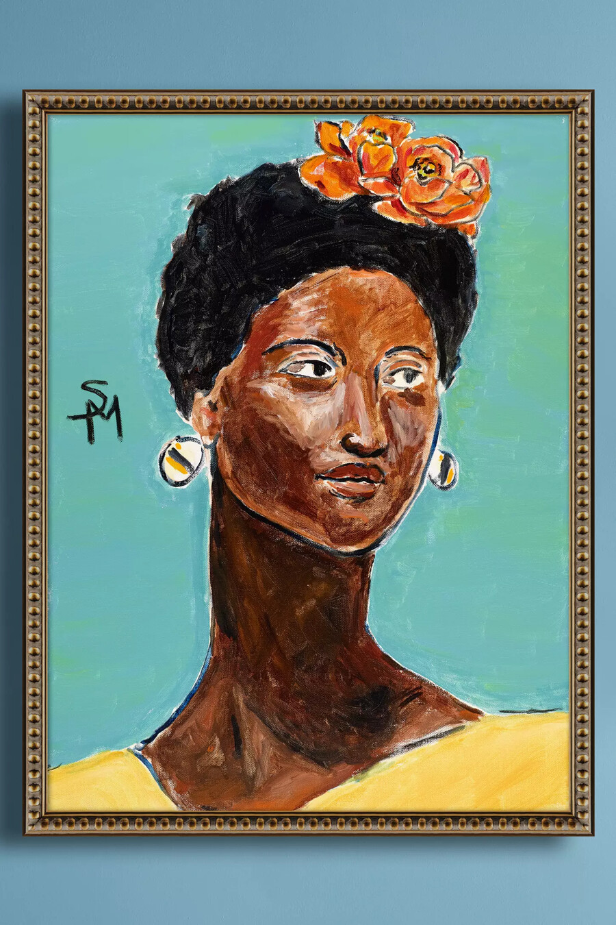 wandbild „porträt mit orangefarbenen blumen von sarah myers