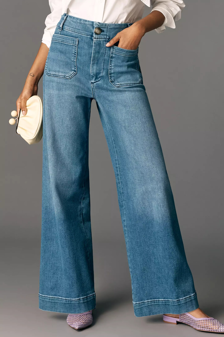 die colette full-length wide-leg jeans von maeve edition mit bestickter tasche