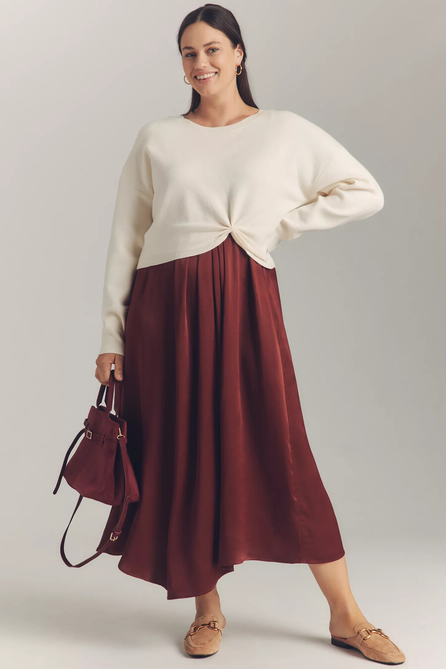 langärmliger faltbarer pullover und midirock von anthropologie