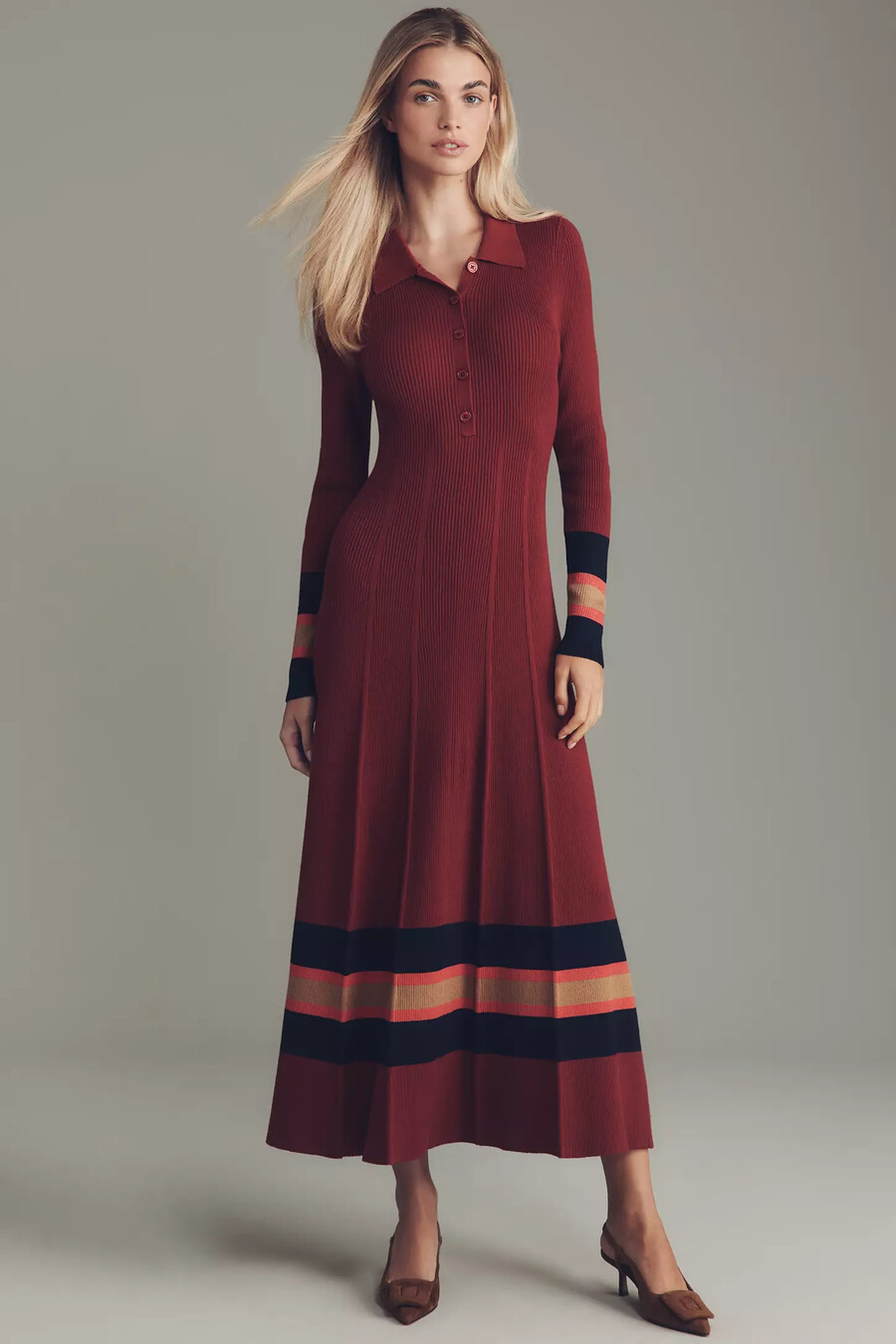 maeve faltenkleid mit langen Ärmeln midi-länge strickkleid