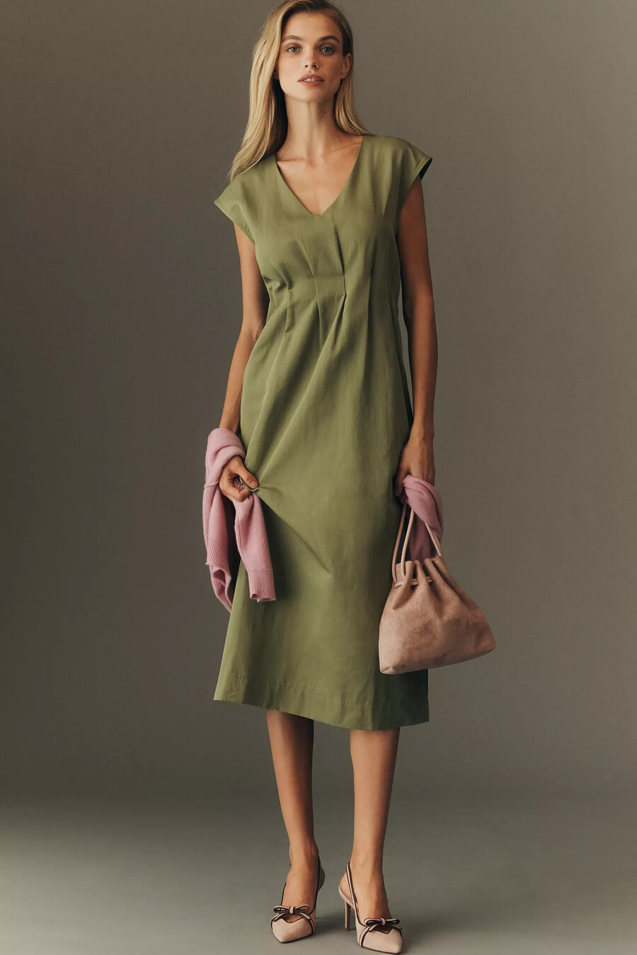 maeve midikleid aus leinenmischung mit kurzen Ärmeln und taillierter silhouette