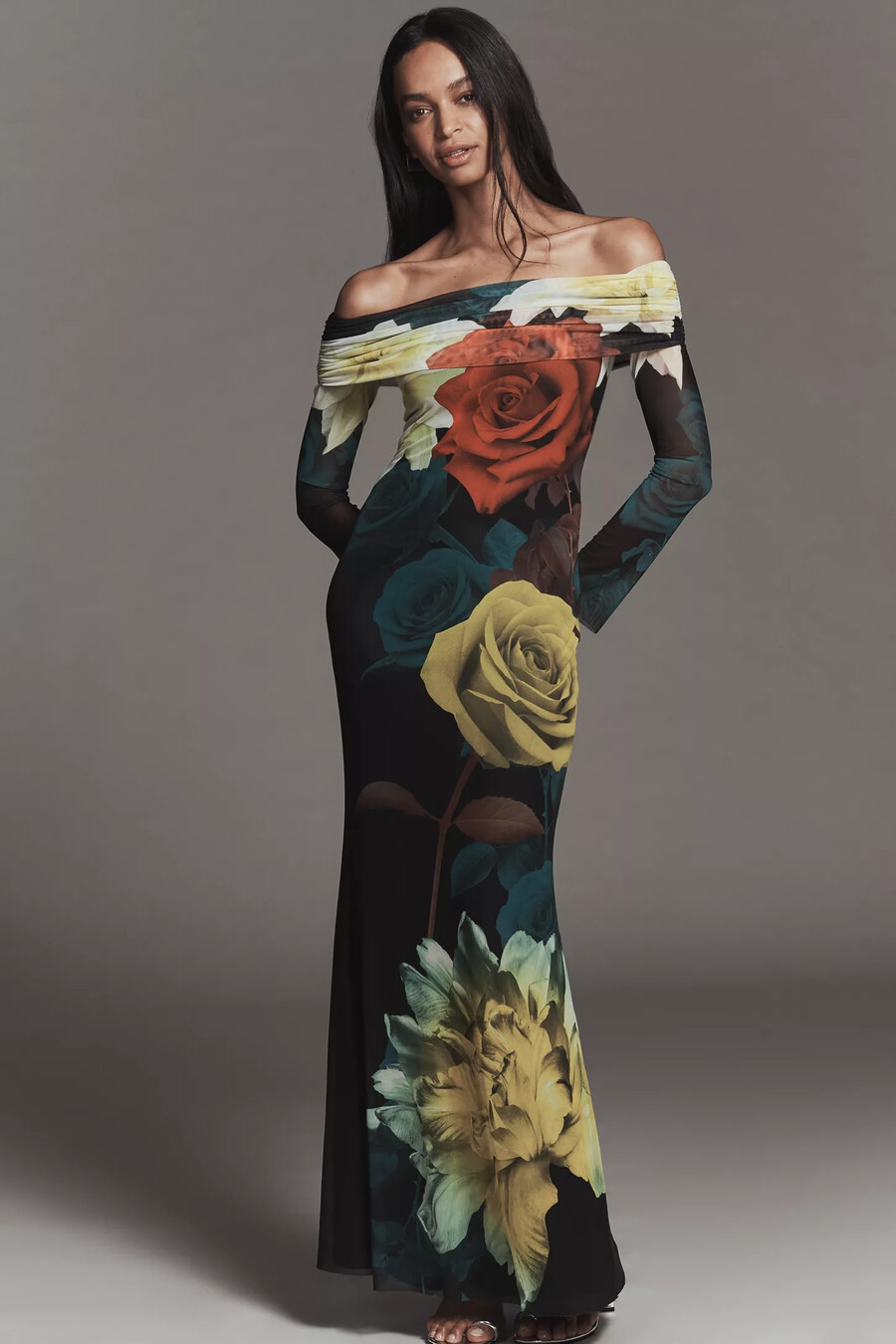 afrm langarm-maxikleid aus schulterfreiem mesh