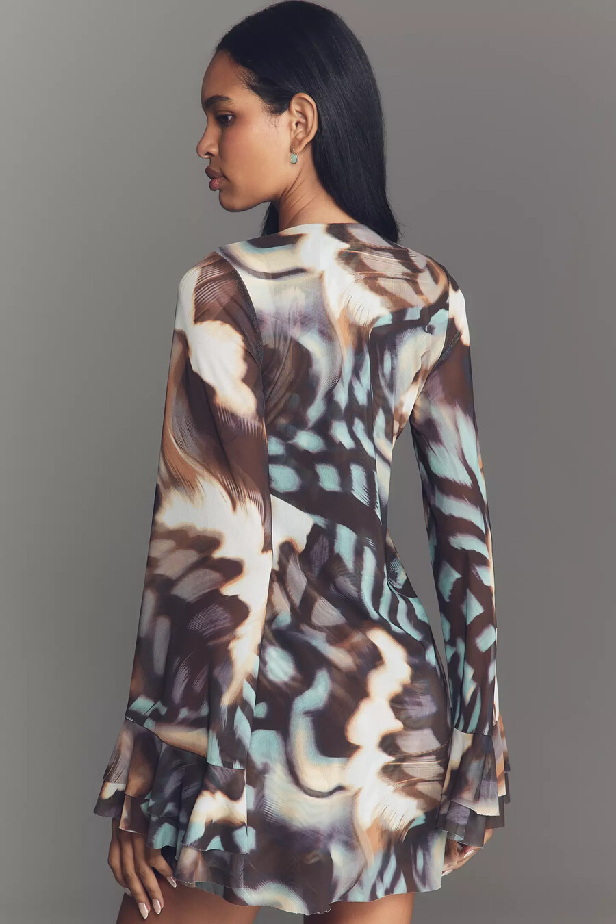afrm kori langarm-minikleid aus mesh mit rüschen