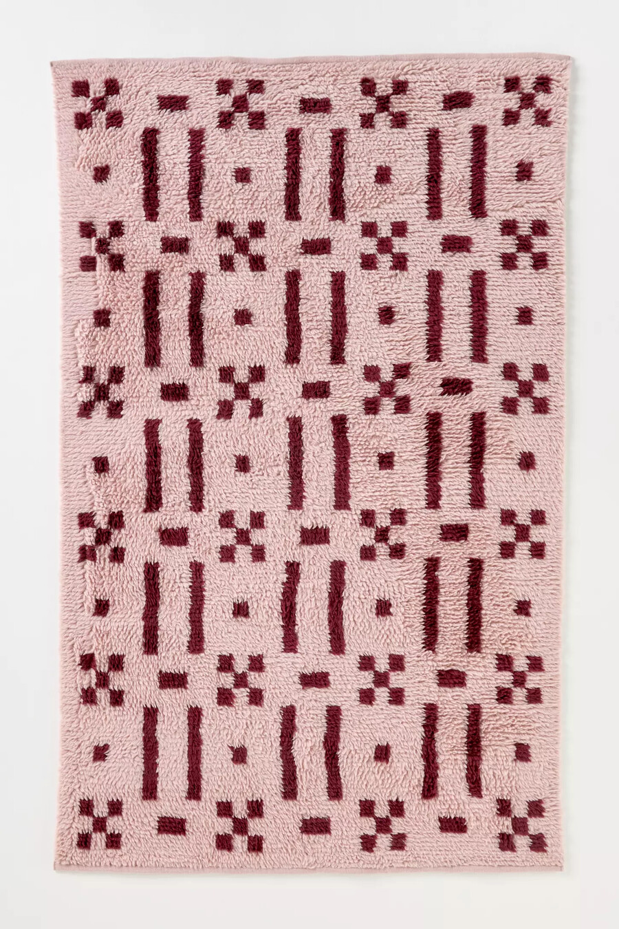 rosa karierter handgewebter shaggy-teppich aus baumwoll-woll-mischgewebe mit geometrischem muster