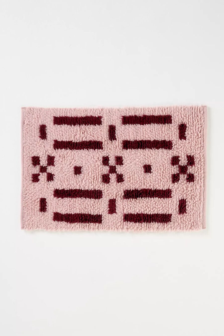 rosa karierter handgewebter shaggy-teppich aus baumwoll-woll-mischgewebe mit geometrischem muster