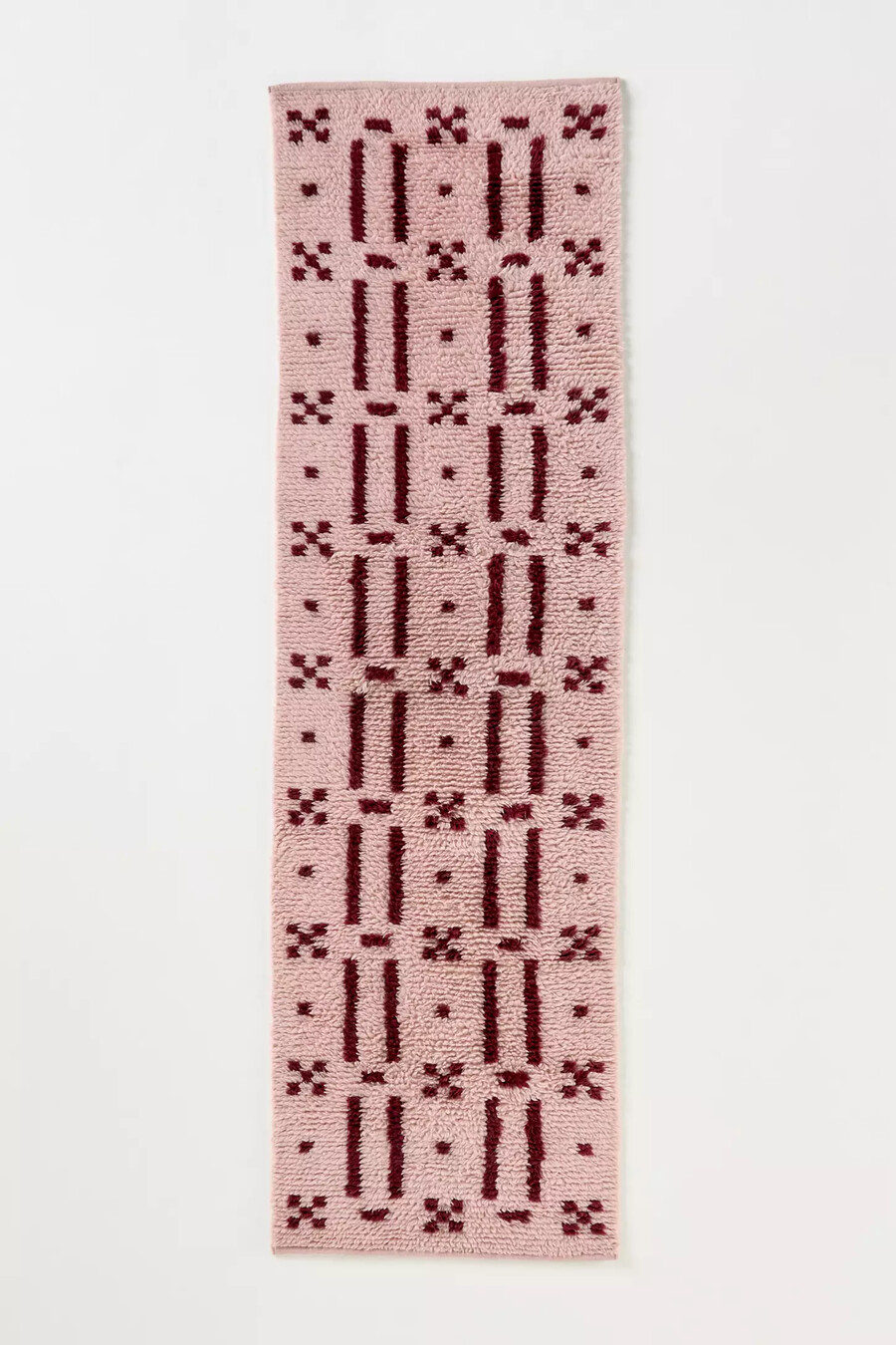 rosa karierter handgewebter shaggy-teppich aus baumwoll-woll-mischgewebe mit geometrischem muster