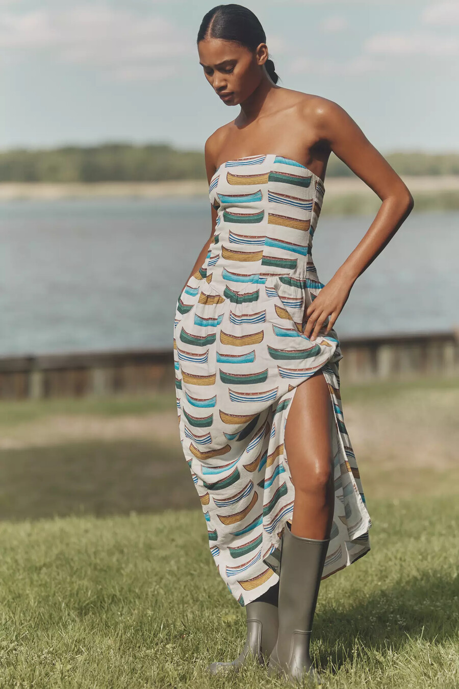 celandine leinen-maxikleid trägerlos mit tiefer taille