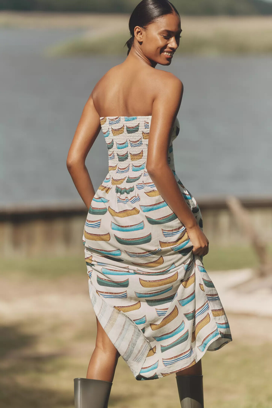 celandine leinen-maxikleid trägerlos mit tiefer taille