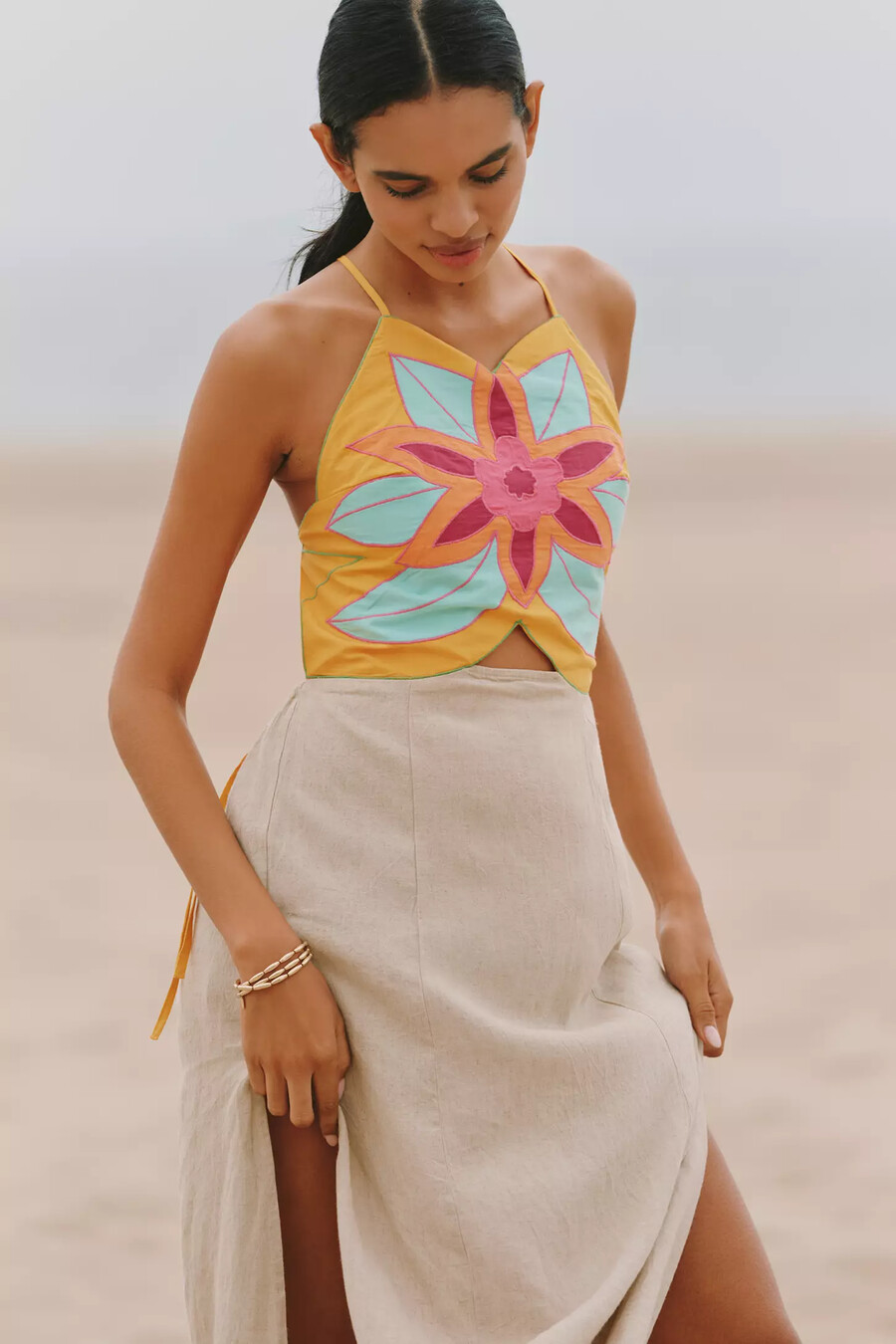 celandine leinenmischgewebe maxikleid mit blumenverzierung